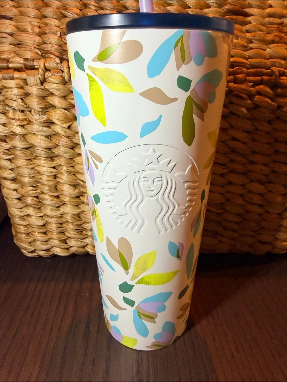 Starbucks 24 oz White Floral Confetti Metal Tumbler with Straw